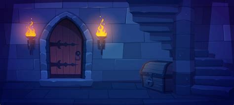 Underground dungeon with wooden door, torch fire 21756948 Vector Art at Vecteezy