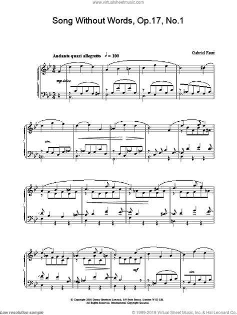 Faure - Song Without Words, Op.17, No.1 sheet music for piano solo