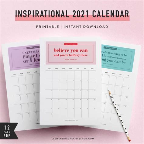 (1) Printable 2021 Inspirational Calendar – Clementine Creative Free Calendar, 2021 Calendar ...