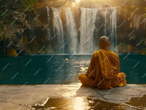 Premium Photo | Buddhist monk meditating near a waterfall during a ...