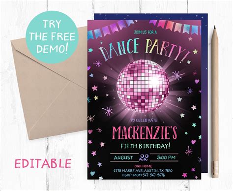 Editable Glow Dance Party Invitation Dancing Party | Etsy Israel ...