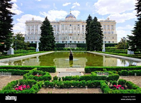 View of the Royal Palace of Madrid through the gardens, Spain Stock Photo - Alamy