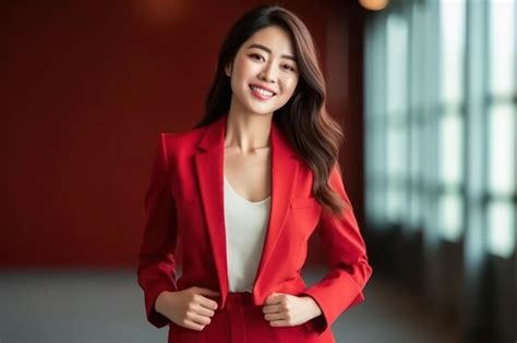 Premium AI Image | Portrait of a business woman in light red suit in office background