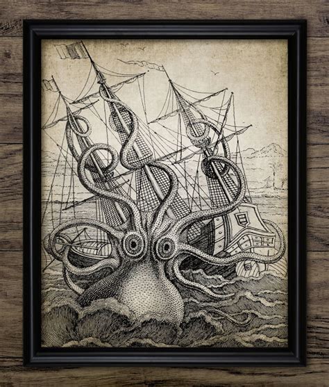 Kraken Sea Monster Bathroom Wall Art, Printable Octopus, Legendary Sea ...