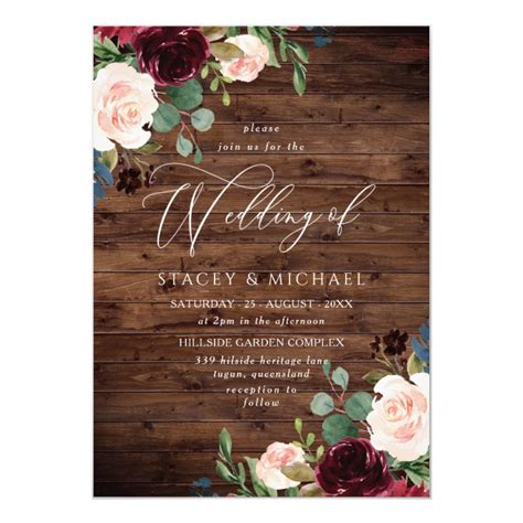 Rustic Wood Blush Burgundy Floral Elegant Wedding Invitation | Zazzle.com