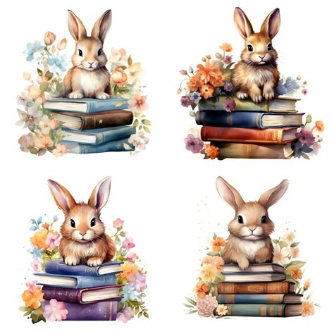 Rabbit Sitting on A Stack of Books Clipart, 16 Jpgs, Watercolor Books, Rabbit Clipart, Books ...