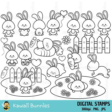 Kawaii Bunnies Clipart, Kawaii Bunny Clipart, Cute Bunnies Digital ...