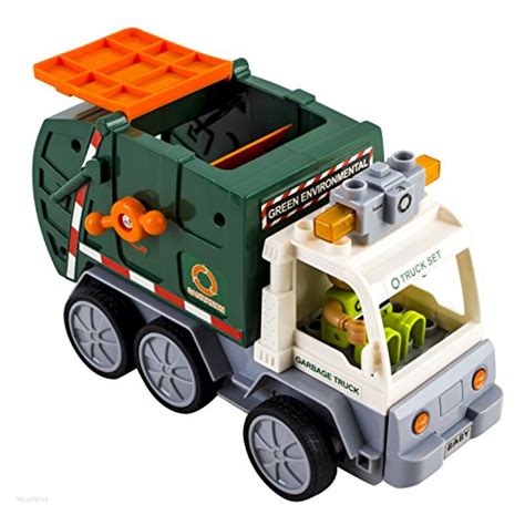 WolVol 4 Channel Electric Remote Control Take-A-Part Garbage Truck Toy with Lights, Can open top ...