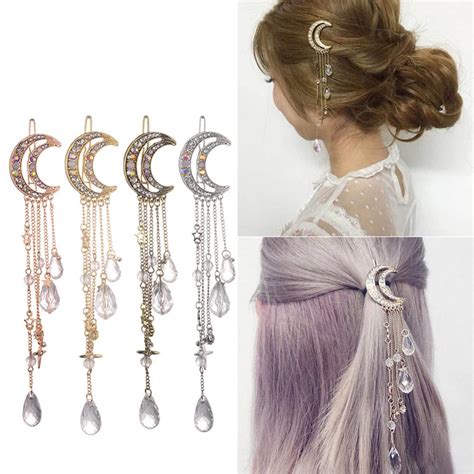 Buy Moon Crystal Rhinestone Beads Dangle Hairpin Hair Clip Women Bridal ...