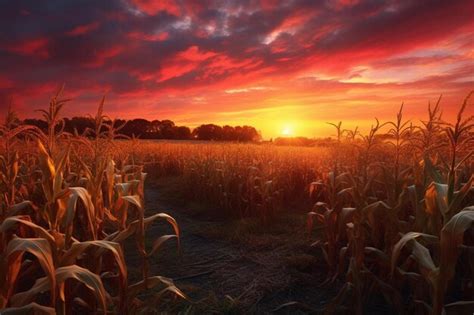 Premium AI Image | a corn field with a sunset in the background