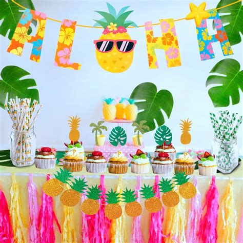 FENGRISE Pineapple Aloha Banner Hawaiian Party Decoration Disposable ...