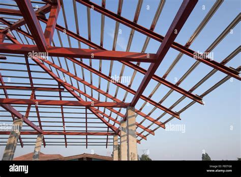 structural steel beam on roof of building residential construction with sky Stock Photo - Alamy