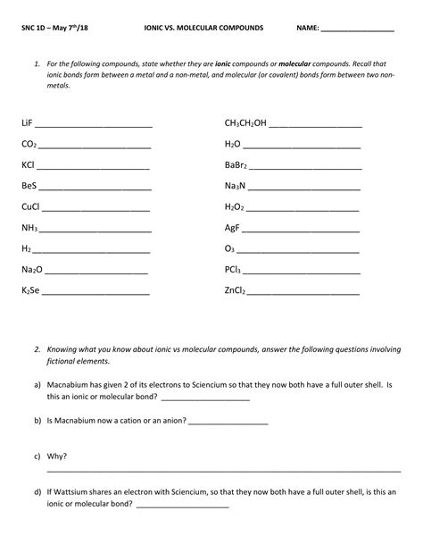 Ionic vs Molecular Compounds - Worksheet - Monday, May 7, 2018 Chemistry Worksheets, Chemistry ...