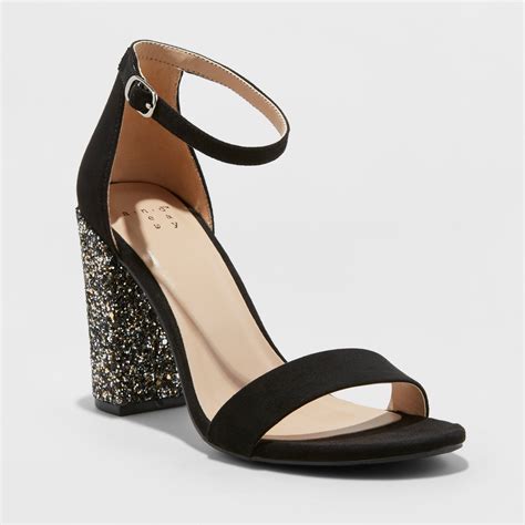 Women's Ema Glitter Satin Wide Width High Block Heel Pump Sandal - A New Day Black 12W, Size ...