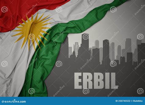 Abstract Silhouette of the City with Text Erbil Near Waving National Flag of Kurdistan on a Gray ...