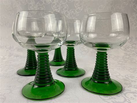 5 large green stemmed wine glasses, green colored ribbed stem, roemer glasses, vintage mid ...