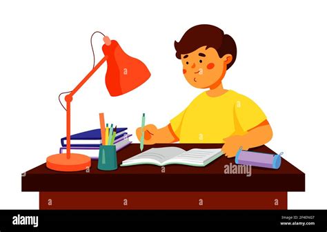 Boy doing homework - colorful flat design style illustration with cartoon character. Education ...