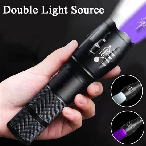 Purple White Dual Light Flashlight LED Ultraviolet Torch Zoom Retractable Flashlight Lamp ...