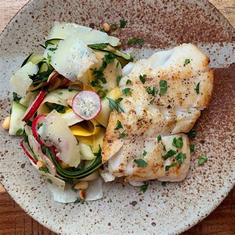 Pan Seared Black Rockfish (Black Bass) with Shaved Zucchini Salad