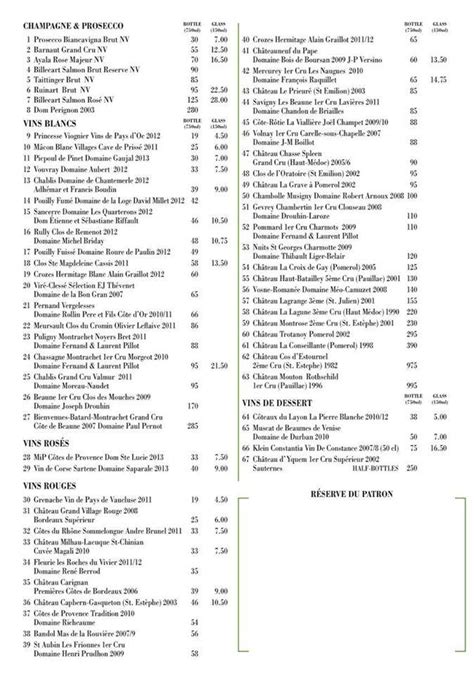 Menu at Bellamy's restaurant, London, 18 Bruton Pl