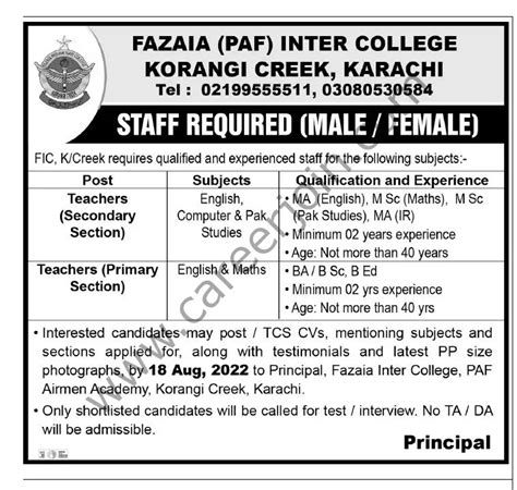 Fazaia PAF Inter College Korangi Creek Karachi Jobs August 2022