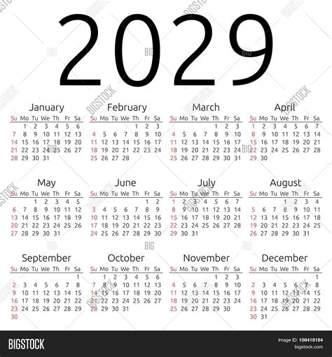 Vector Calendar 2029 Vector & Photo (Free Trial) | Bigstock