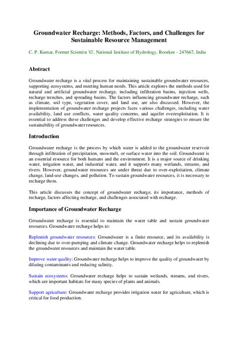 (PDF) Groundwater Recharge: Methods, Factors, and Challenges for Sustainable Resource Management