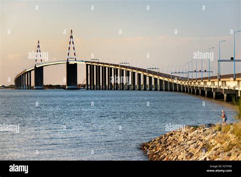 The cable-stayed Saint Nazaire Bridge, Le Pont Saint-Nazaire, spans the River Loire estuary ...