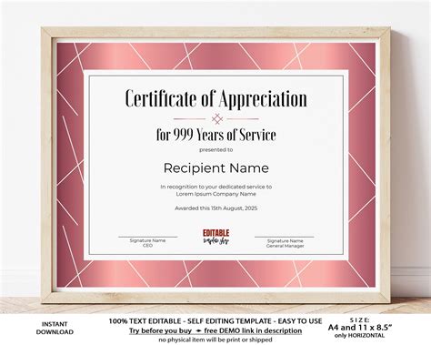 25 Years of Service EDITABLE Certificate of Appreciation - Etsy | Certificate of appreciation ...