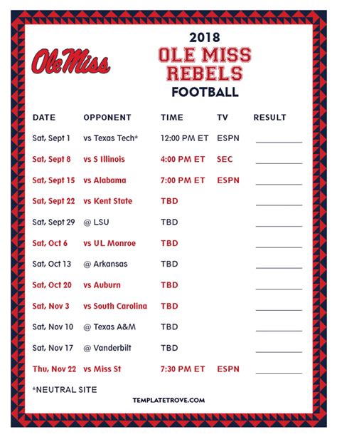 Printable 2018 Ole Miss Rebels Football Schedule