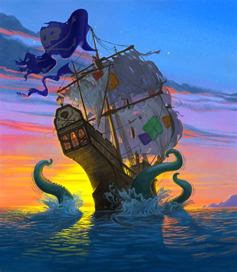 an octopus attacking a pirate ship in the ocean at sunset, with flags flying from it's mast