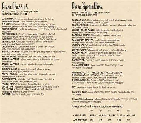 Menu at Dan's pizza restaurant, Webster