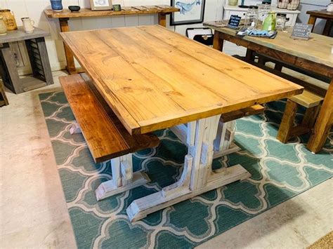 Trestle Style Rustic Farmhouse Table Set With Two Benches, Early ...