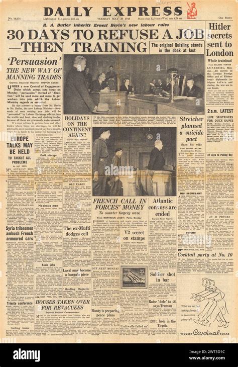 1945 Daily Express front page reporting New labour rules introduced and ...