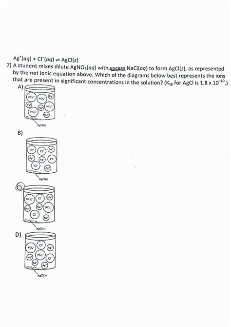 a student mixes file agno3 with excess nacl to form agcl as represented by the net ionic ...