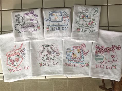 Set of 7 Hand Embroidered Kitchen Towels With Apron Days of the Week ...