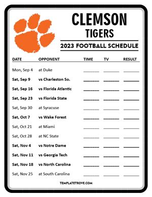 Printable 2023 Clemson Tigers Football Schedule