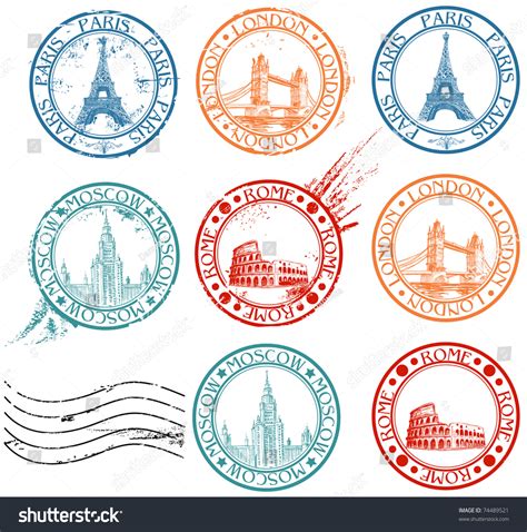 City Stamps Collection With Symbols: Paris (Eiffel Tower), London (London Bridge), Rome ...