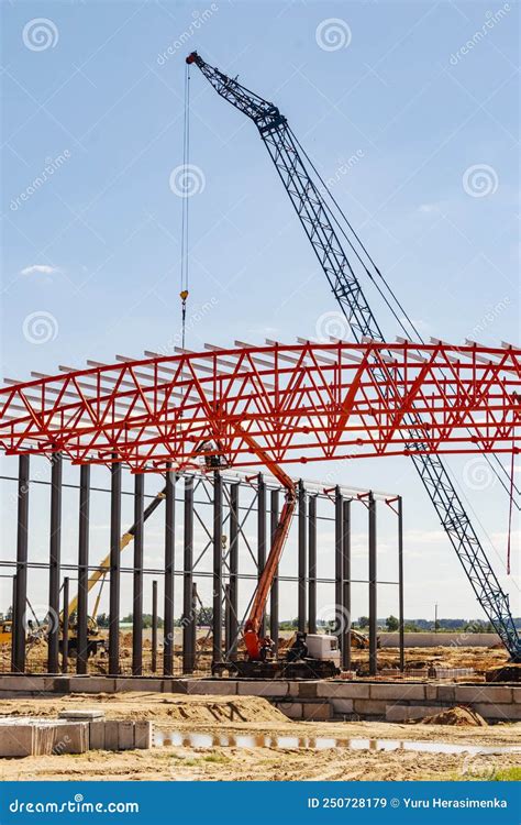 Installation of Metal Trusses and Frame during the Construction of an ...