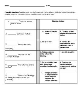 U.S. Constitution Preamble Matching Worksheet by Now and Then | TpT