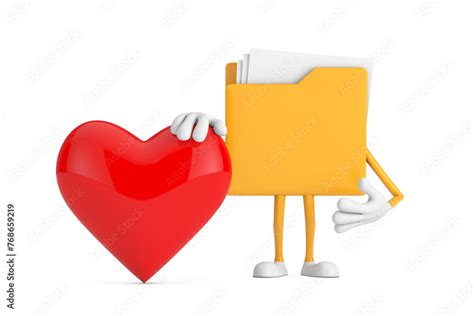 Yellow Folder Icon Cartoon Person Character Mascot with Red Heart. 3d Rendering Stock ...