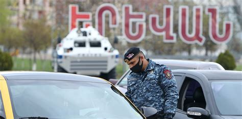 YEREVAN, ARMENIA - APRIL 2: Police controls vehicles at the entrance to ...