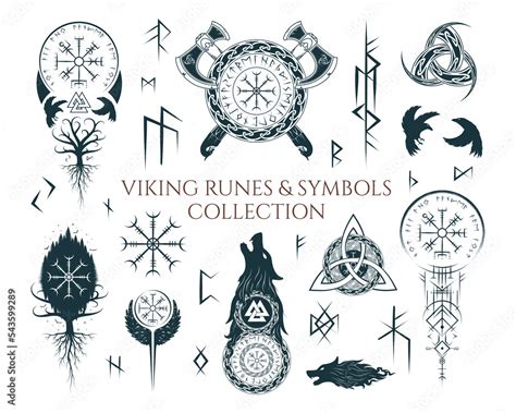 Viking runes and symbols collection.Hand drawn isolated set of pagan ...