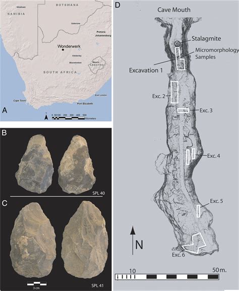 (A) Map showing the location of Wonderwerk Cave. (B-C) Handaxes ...