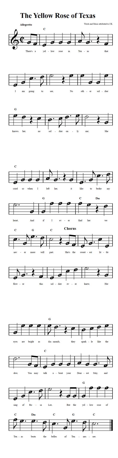 The Yellow Rose of Texas: Beginner Sheet Music with Chords and Lyrics