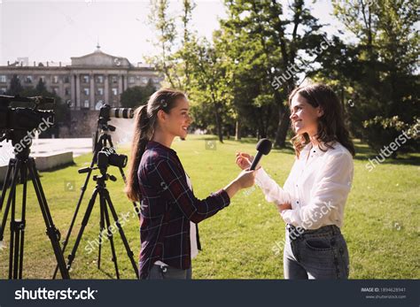 Professional Journalist Taking Interview Front Video Stock Photo ...