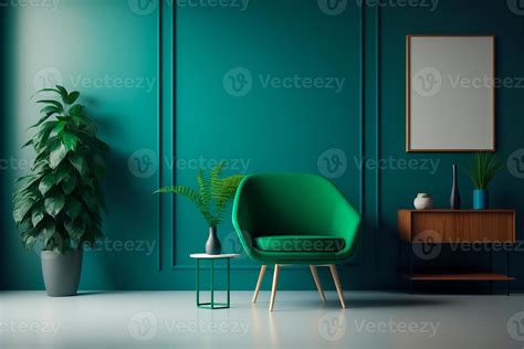 Green armchair inside modern wooden living room on empty green wall background. Minimalist ...