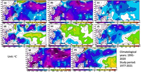 Anomaly of sea surface temperature (°C) averaged from 1977 to 2021 for ...