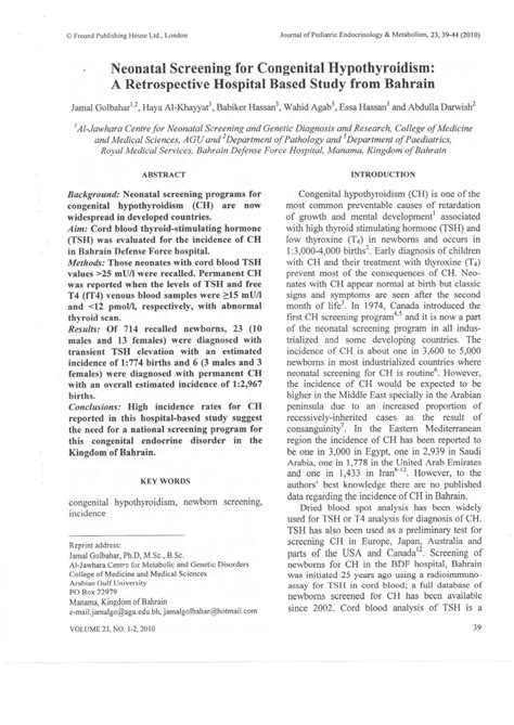 (PDF) Neonatal Screening for Congenital Hypothyroidism: A Retrospective ...