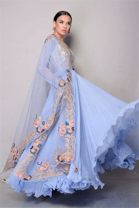 501880D Sky Blue Chiffon Anarkali Suit with Net Dupatta